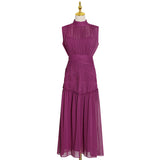 Mauve Dress Women's Autumn Chiffon Small Stand Collar Solid Color Stitching Dress