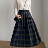 MIDI Mauve Skirt Autumn Stitching Skirt Elastic Waist Loose Casual Plaid A- line Dress
