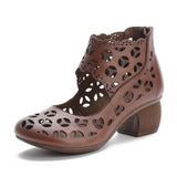 Highway Flat Sandals Summer Hollow Mid Heel Fashion Retro Mom Leather Shoes