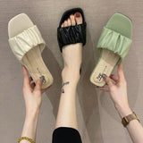 Women Open Toe Sandals Flats Summer Slippers Flat Heel Pleated Word Fashion Outdoor Slippers