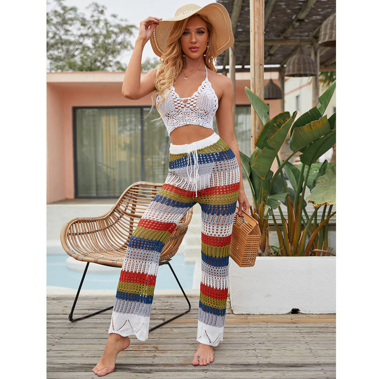Coachella Music Festival Outfits Beach Women's Clothing Vacation Sun Protection Colored Mosaic Knit Casual