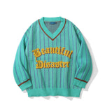 Men Sweater Letter Jacquard Striped Sweater Men's Loose V-neck Sweater Pullover