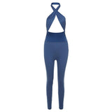 Summer women's sexy backless halter solid color high waist tight casual sports jumpsuit