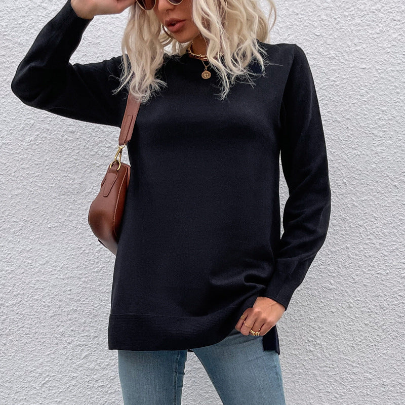 Women Pullover Knit Sweater Women's Autumn and Winter Sweater Women's round Neck Button Pure Color Split Knitwear