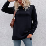 Women Pullover Knit Sweater Women's Autumn and Winter Sweater Women's round Neck Button Pure Color Split Knitwear