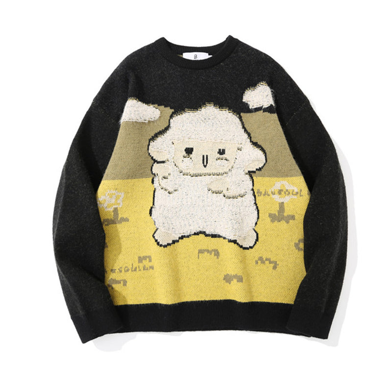 Men Sweater Lamb Pattern Brocade Sweater Men 'S Round Neck Pullover