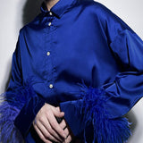 Gloria Vanderbilt Feather Long Sleeve Lapel Klein Blue Shirt