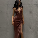 Taffeta Dress Elegant High Slit Long Dress Sexy Backless Halter Dress