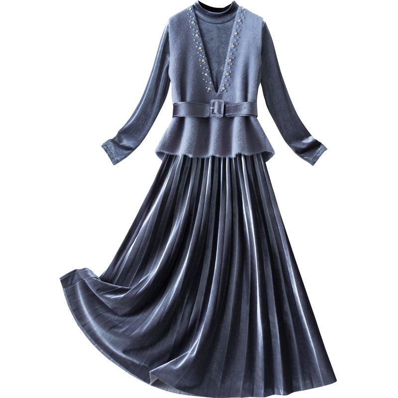 Blue Velvet Dress Gold Velvet Mink Velvet Two-Piece Vest Set