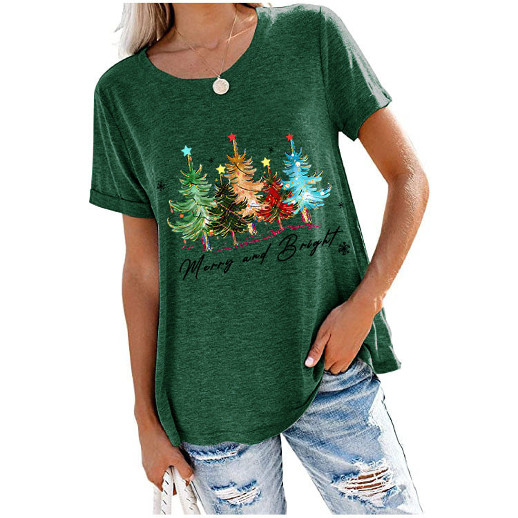 Merry and Bright Sweatshirts Christmas Tree Printed Casual Short Sleeve