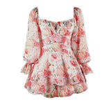 Coachella Music Festival Outfits Floral Women's Sexy Backless Square Collar Long Sleeve Shorts