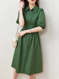 Emerald Green Dress Puff Sleeve Shirt Waist Slimming Temperament