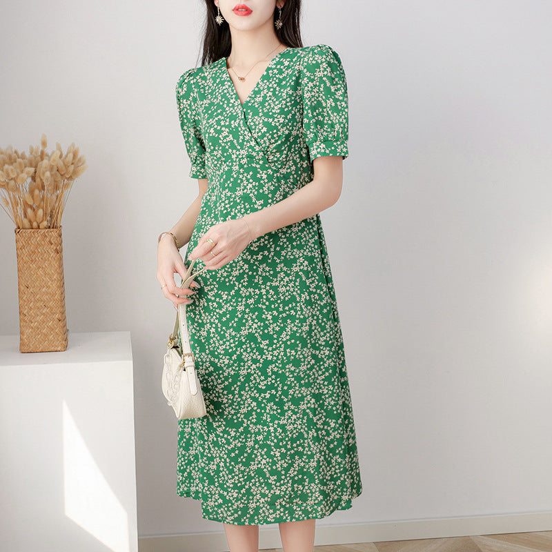 Emerald Green Dress V-neck Green Chiffon Floral