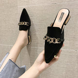 Finn Chain Pointed Toe Mule Closed Toe Half Slippers Summer Women's Pointed-Toe Mules Shoes Half Support