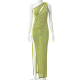 Kendall Jenner Wedding Guest Dress Solid Color Slant Shoulder Hollow Pleated Sexy Slit