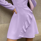 MIDI Mauve Cocktail Dress Autumn Long Sleeve Dress Ruffled Skirt