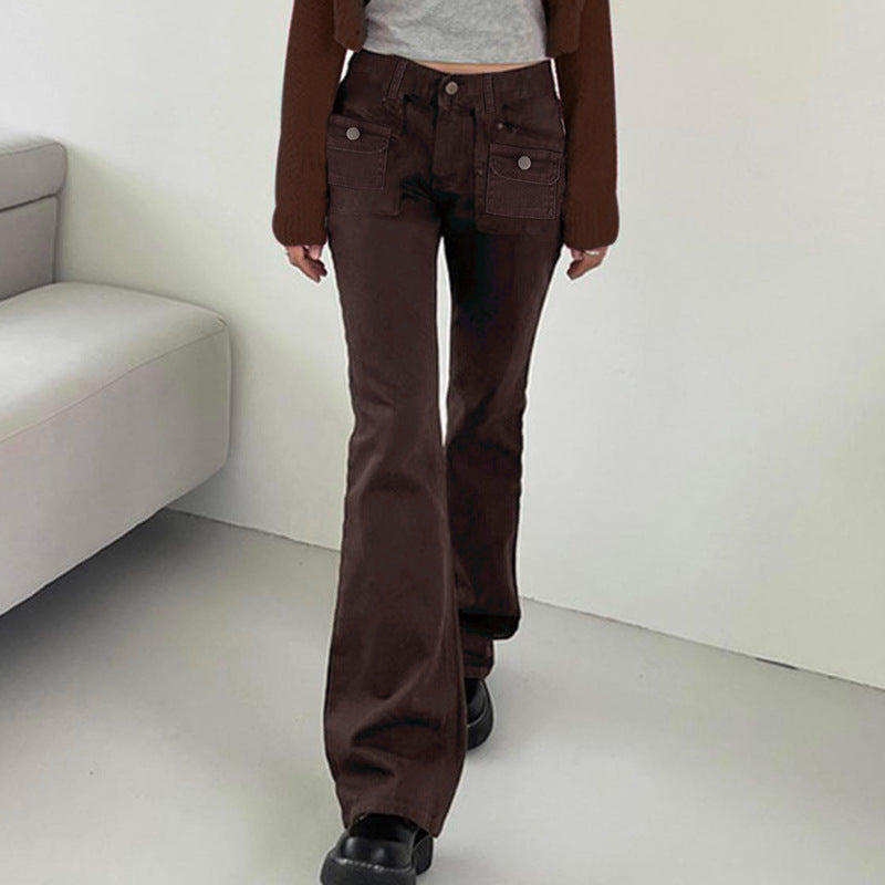 Julia Fox Low Rise Jeans Double-Sided Irregular Pocket Low Waist Slim Fit Bell-Bottom Pants Denim Casual Trousers