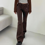 Julia Fox Low Rise Jeans Double-Sided Irregular Pocket Low Waist Slim Fit Bell-Bottom Pants Denim Casual Trousers