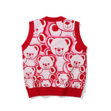 Men Sweater Cartoon Bear Jacquard Knitted Vest Outer Wear Men's Loose V-neck