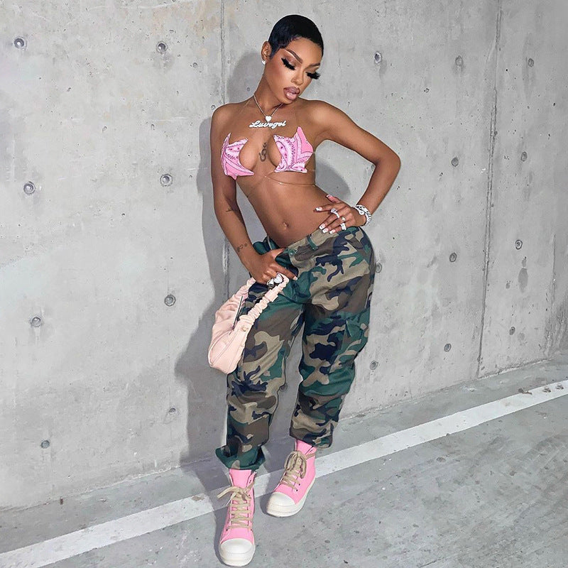 Julia Fox Low Rise Jeans Cool Girl Irregular Beam Foot Strap Camouflage Cargo Pants All-Match Slim Fit Woven Pants