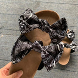 Women Open Toe Sandals Flats Large Size Sandals Summer Casual Bow Print Flat Slippers