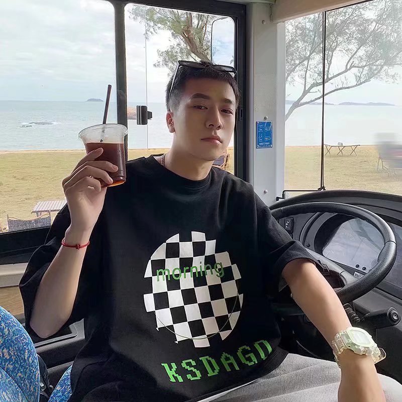 Men T-Shirts Loose Round Neck Chessboard Plaid Half Sleeve