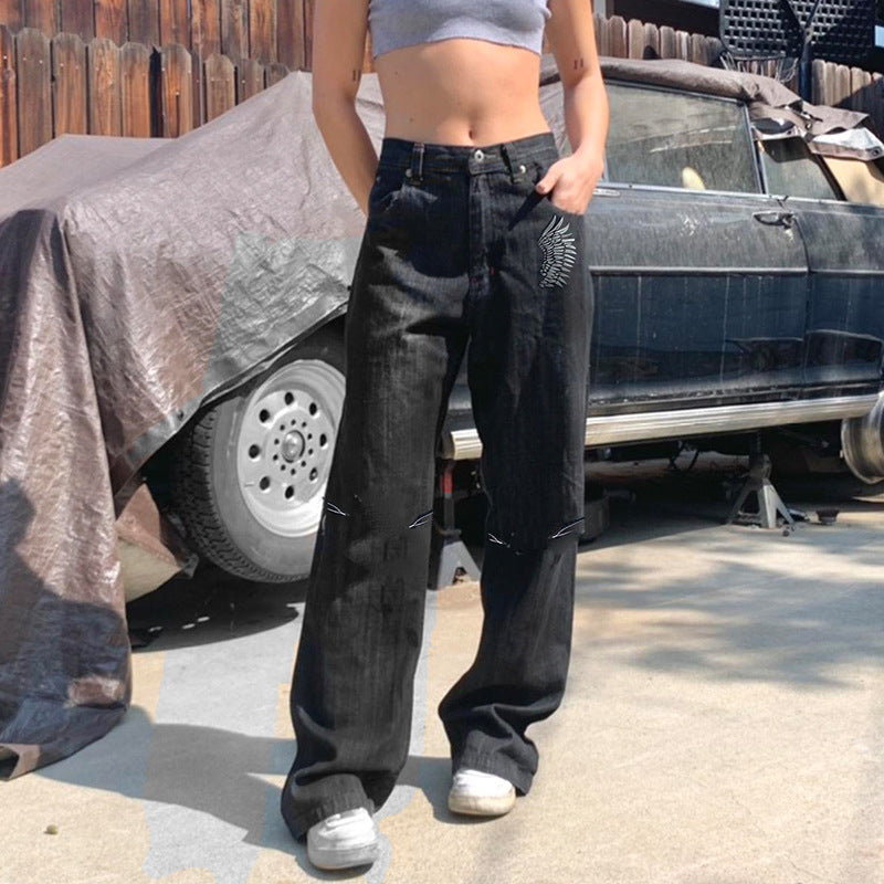 Julia Fox Low Rise Jeans Wings Printing Straight Jeans Hot Girl Low Waist All-Match Slimming Casual Pants
