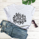 Merry and Bright Sweatshirts Christmas Merry and Bright Letter Printed round Neck Short Sleeve T-shirt