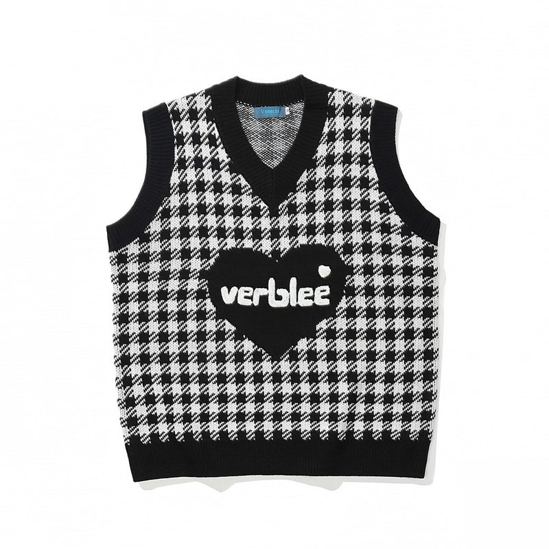 Men Sweater Love Embroidered Plaid Knitted Vest Men's Sweater Coat