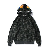 Bathing Ape Autumn and Winter Men's and Women's Pure Cotton Shark Head 3D Camouflage Printing Brushed Hoody Hoodie
