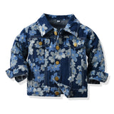 Children Jean Jackets Spring and Autumn Long Sleeve Lapel Leopard Print Casual Denim Top