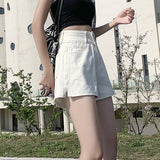 High Waisted Shorts Summer Denim Shorts Double Buckle Straight-Leg Pants