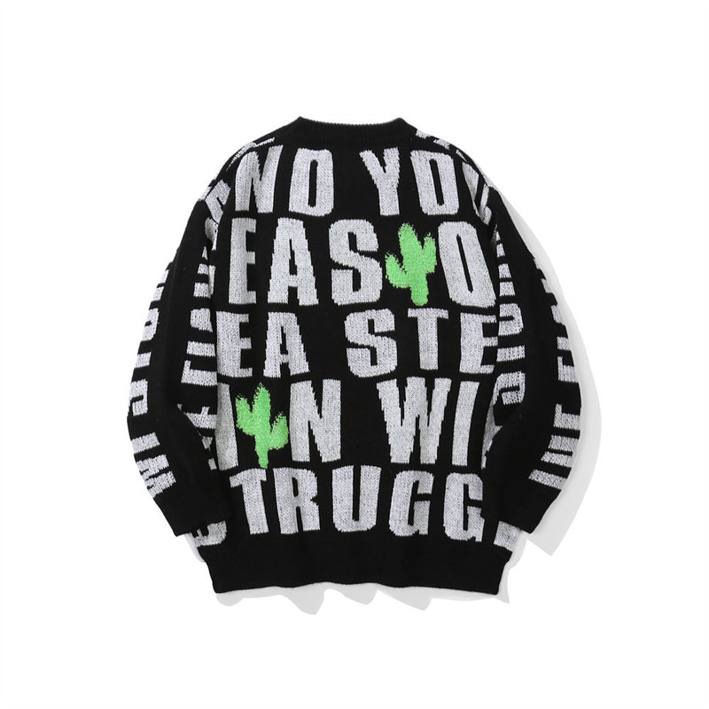 Men Sweater Letter Jacquard Sweater Men's Trendy Pullover