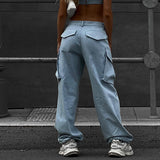 Julia Fox Low Rise Jeans Women's Fashion Blue Big Pocket Profile Jeans Loose Cargo Pants