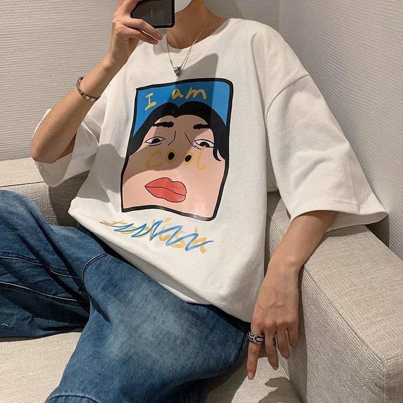 Men T-shirt Loose Cartoon Half Sleeve