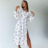 Kendall Jenner Wedding Guest Dress Lantern Long Sleeve Large Swing Skirt Loose Mid-Length High Waist Floral