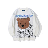 Men Sweater Cartoon Bear Embroidery Sweater Men's Loose round Neck Pullover