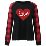 Valentine's Day T Shirt Plaid Sleeve Love Heart Printing Long Sleeve T-shirt