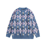 Men Sweater Rhombus Contrasting Color Jacquard Knitwear Men Loose round Neck Sweater