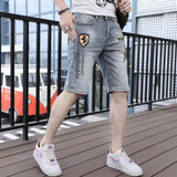 Men Denim Shorts Summer Thin Slim Cropped Pants Ripped Eagle Head Embroidery