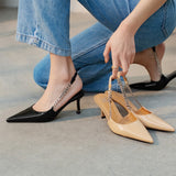 Nude Low Block Heel Pointed-Toe Metal Chain Stiletto Heel