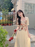 Regency Dress Tulip Vintage Court Style Floral Patchwork Waist-Slimming