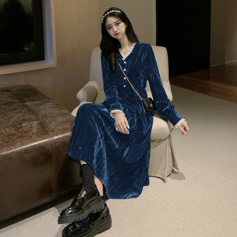 Blue Velvet Dress V-neck Dress French