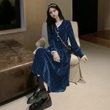 Blue Velvet Dress V-neck Dress French