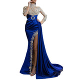 Long Homecoming Dresses Women's Blue Gold round Neck Dress Long Dress Women