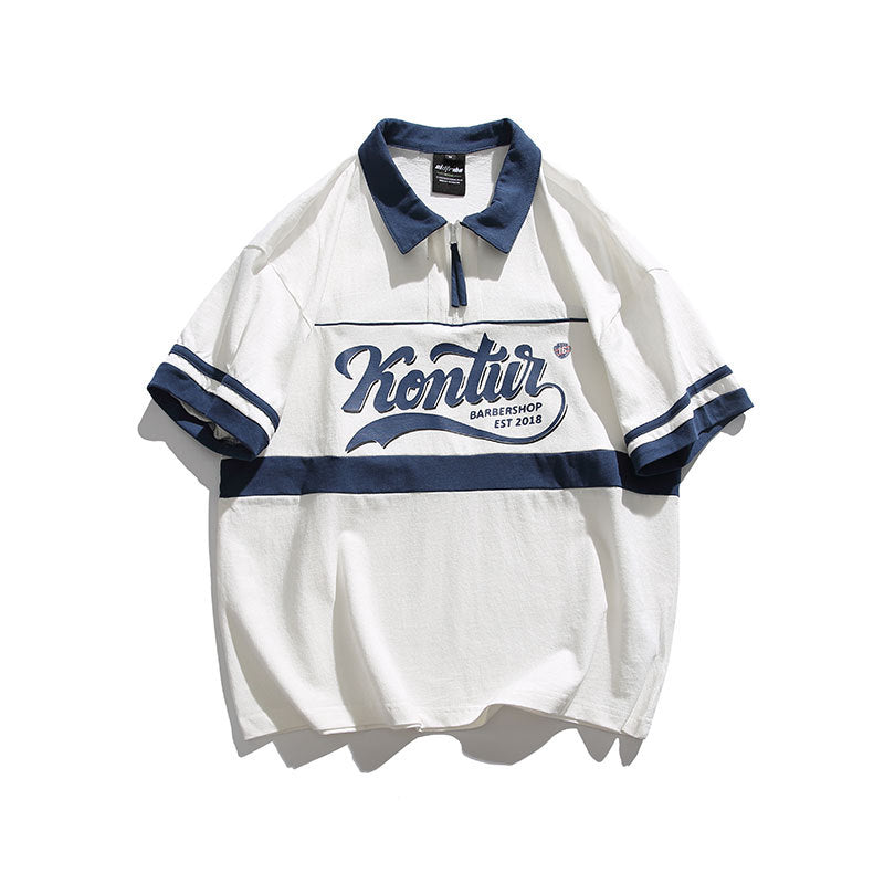 Men T Shitrs Letter Print Color Contrast Patchwork Lapel