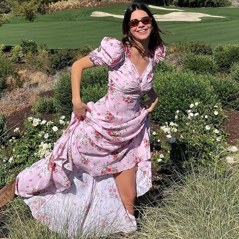 Kendall Jenner Wedding Guest Dress Puff Sleeve Lady Floral Formal Dress Hepburn Style