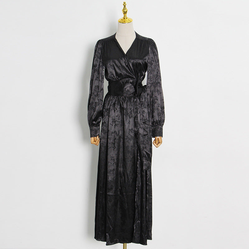 Betty Draper Valentine 'S Day Dress Satin Long Big Hem Dress Autumn Printed Dress