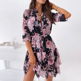 MIDI Mauve Cocktail Dress Printed Short Skirt Women's Printed Temperament Slim Fit Ruffled Dress