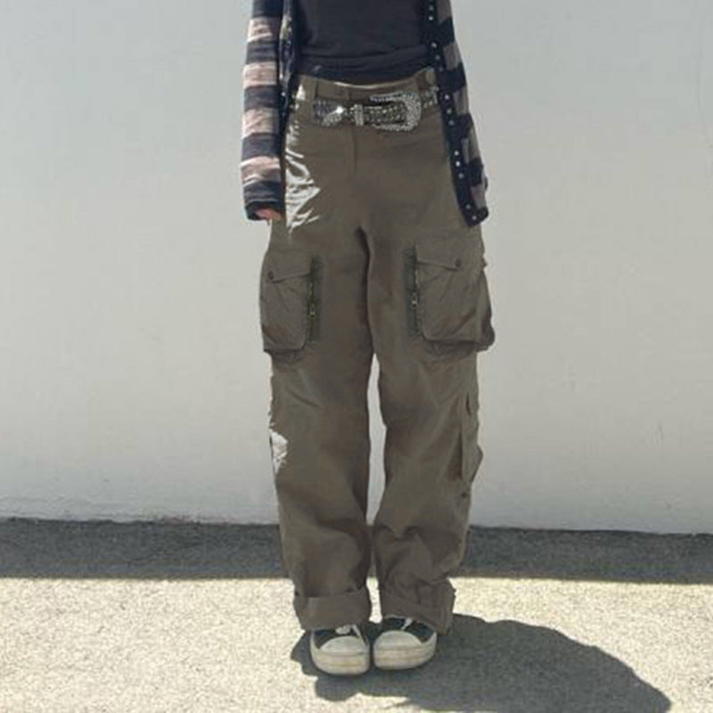Julia Fox Low Rise Jeans Rock Style Cool Handsome Overalls Retro Multi-Pocket Straight Slimming Jeans